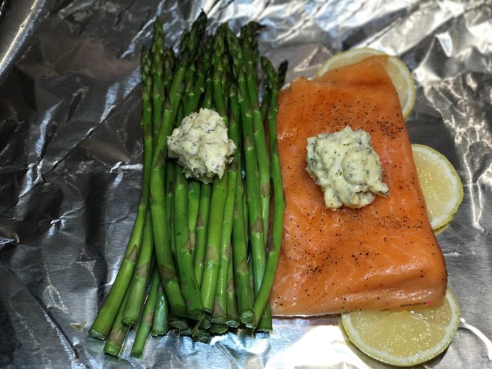 herb butter salmon and asparagus foil packs